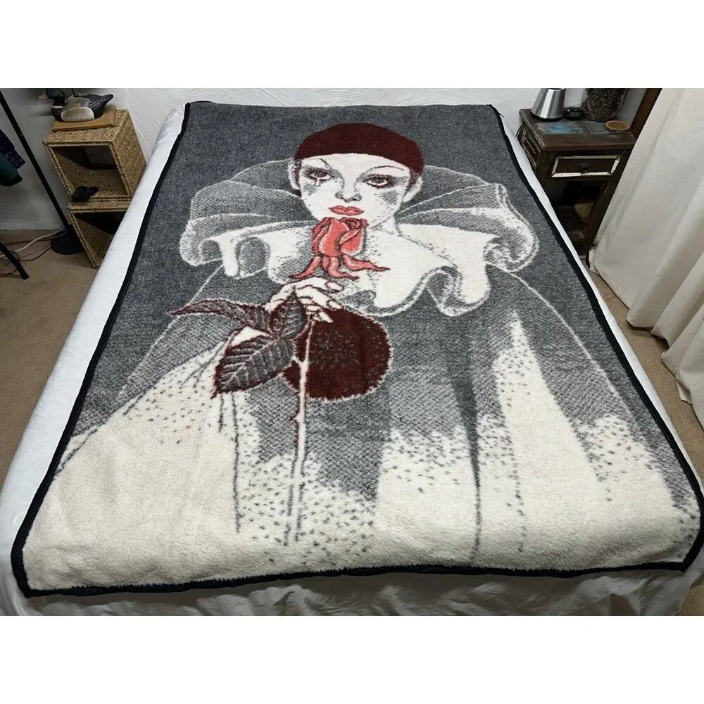 Vintage Acrylic Harlequin Sad Clown Rose Pierrot Throw Blanket Red Black 55x82”